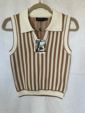 NWT BALBOA Sleeveless Collared Knit Top - Cream & Tan Stripes. Size M.